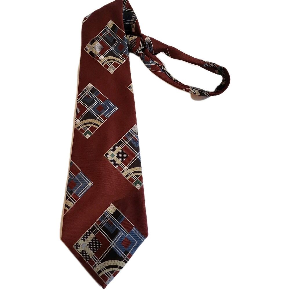 Vintage Rooster Ruffler Burgundy Patchwork Squares Tie USA Rockabilly